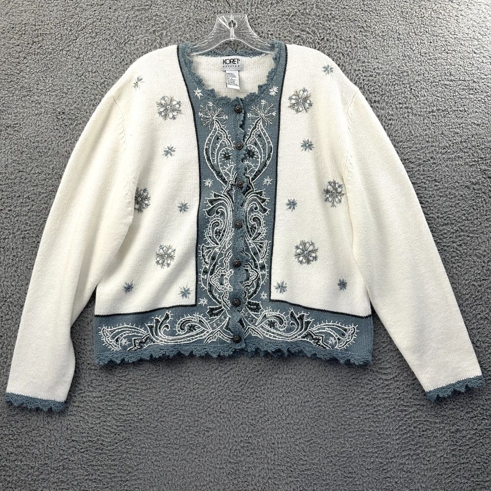 Vintage Koret Knit Cardigan Sweater Snowflakes‎ Holiday Sequin Embroidered W LP